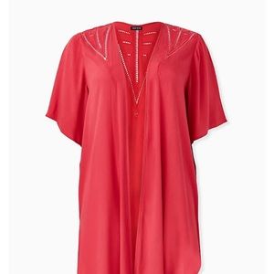 RED CRINKLED GAUZE CROCHET INSET LONGLINE KIMONO